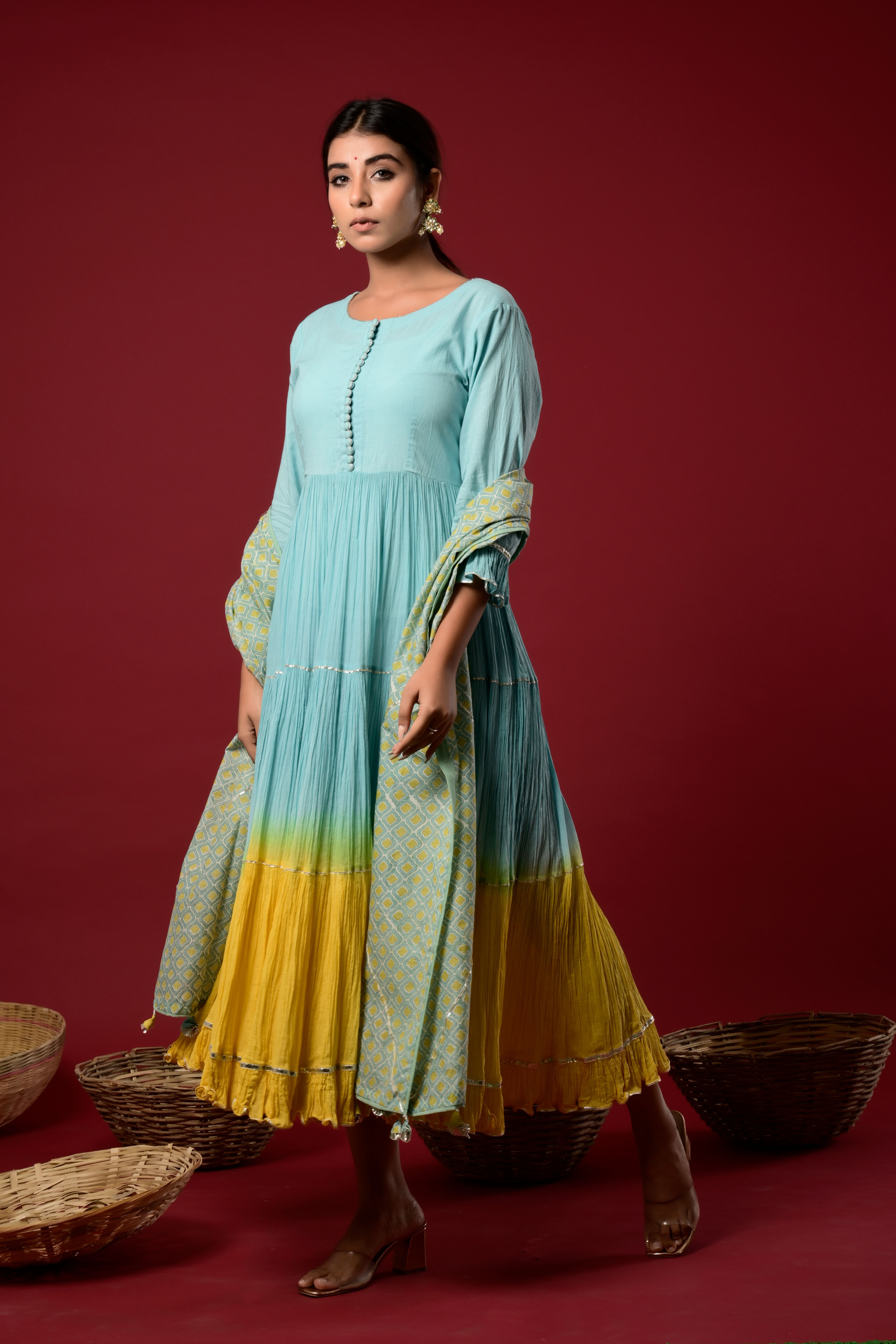 Blue tiered shaded dress with printed chanderi dupatta
