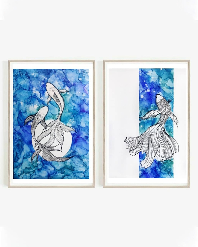 Order Happiness | Order Happiness Multicolour Koi Fish Painting Set Of 2 For Home Decor Living Room Bedroom Office