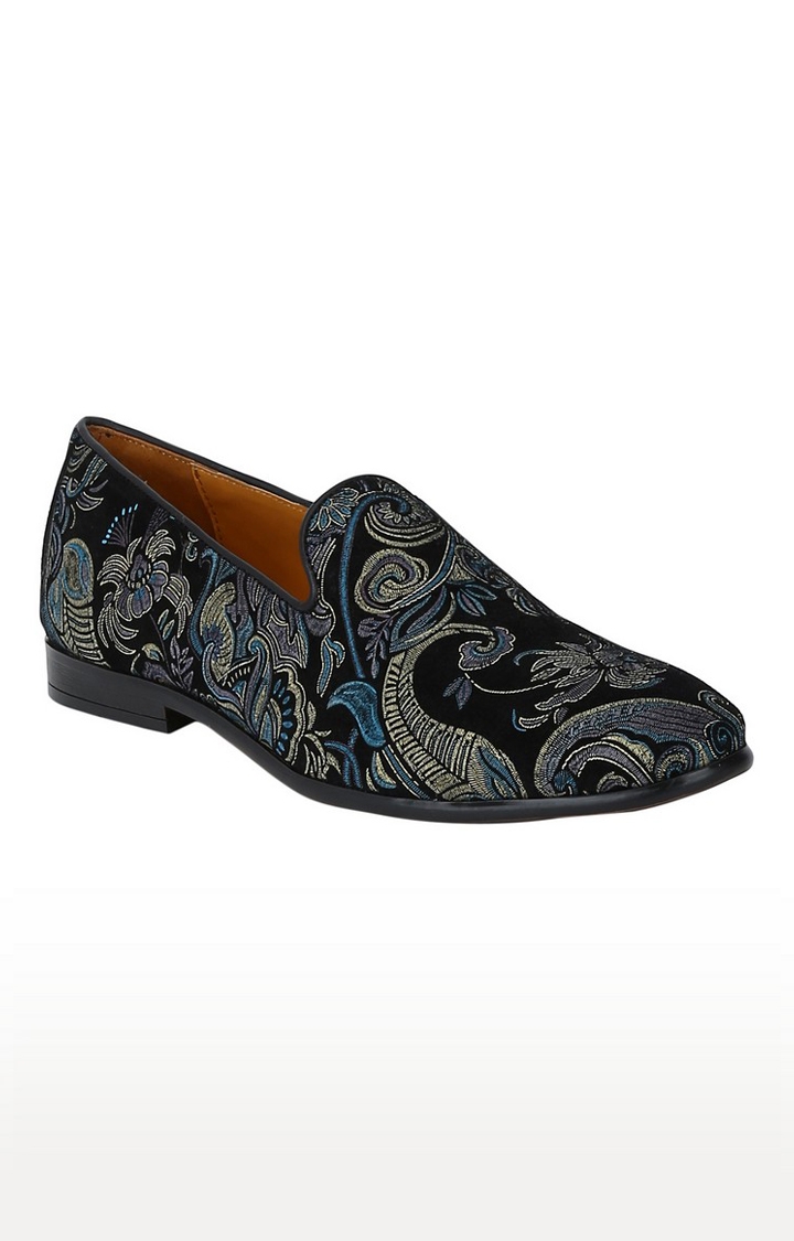 Del Mondo Genuine Leather Black Colour Flower Printed Slipon Loafer Shoe For Mens