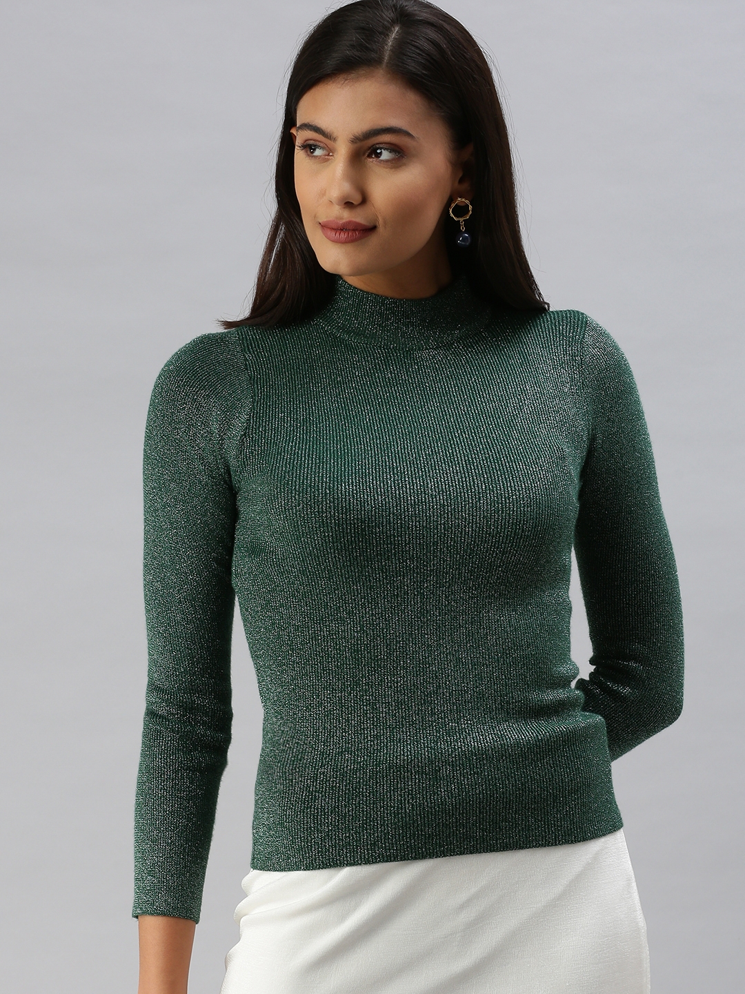 SHOWOFF Women's High Neck Shimmer Green Regular Top