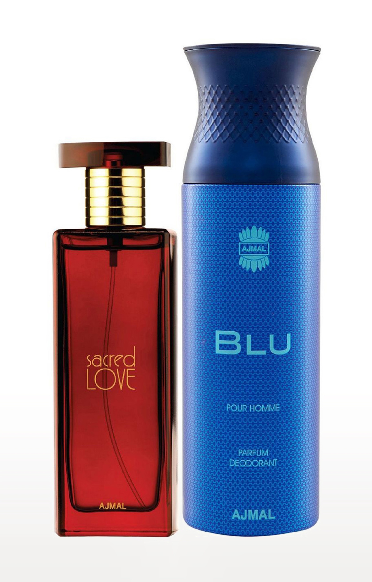 Ajmal Sacred Love EDP Musky Perfume 50ml for Women and Blu Homme Deodorant Aquatic Fragrance 200ml for Men