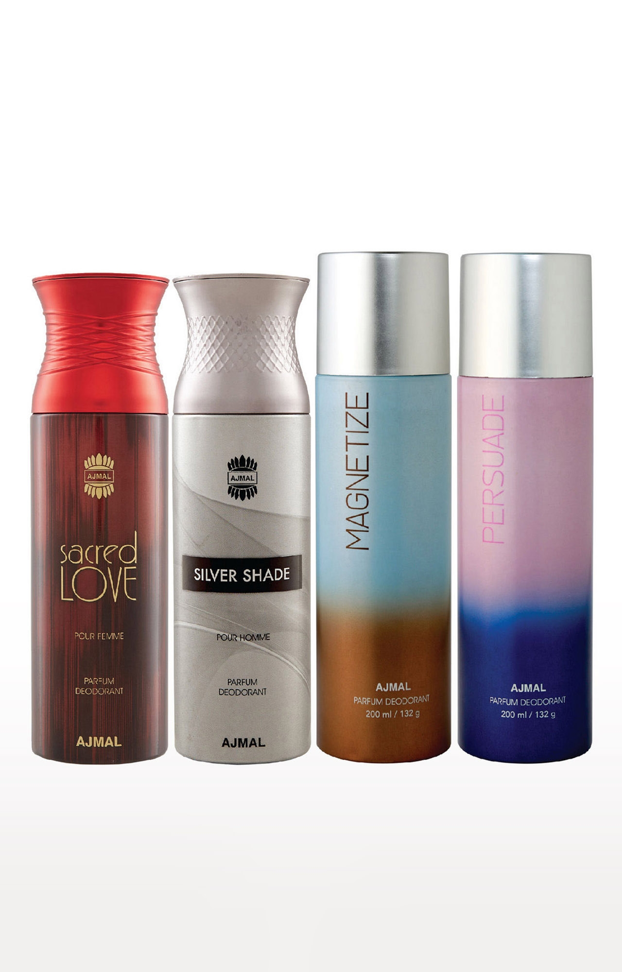 Ajmal 1 Sacred Love for Women, 1 Silver Shade for Men, 1 Magnetize and 1 Persuade for Men & Women High Quality Deodorants each 200ML Combo pack of 4 (Total 800ML) 