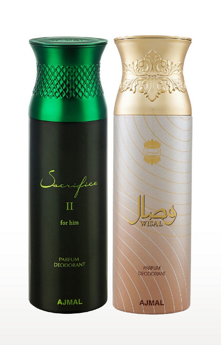 Ajmal Sacrifice ll Him & Wisal Deodorant Spray Gift For Men & Women (200 ml, Pack of 2) 