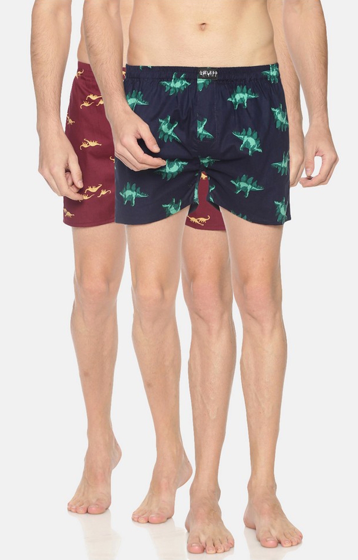 Showoff Men's Maroon and Navy Cotton Casual Printed Boxer - Pack Of 2