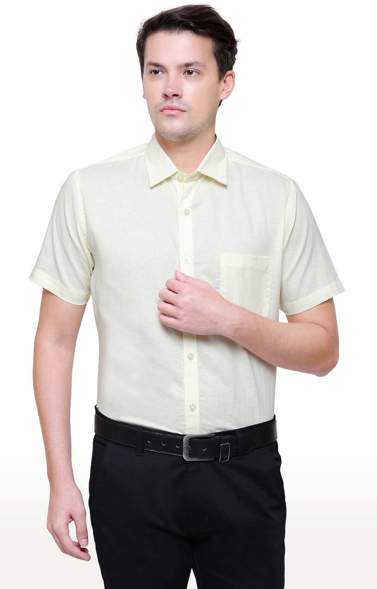 Southbay | Southbay Men's Light Yellow Half Sleeve Linen Cotton Formal Shirt