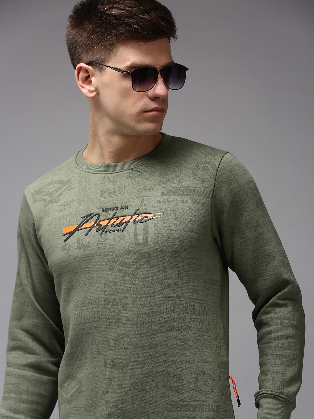 SHOWOFF Men's Round Neck Olive Typography Sweatshirt