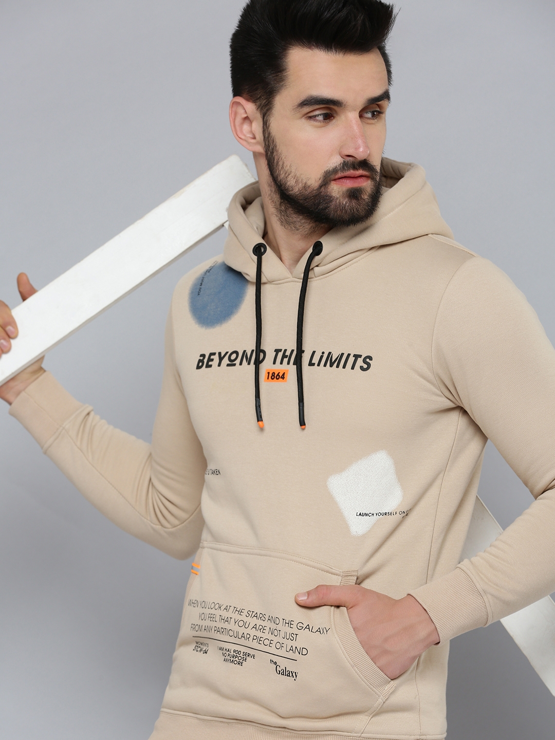 SHOWOFF Men's Hooded Neck Beige Typography Sweatshirt