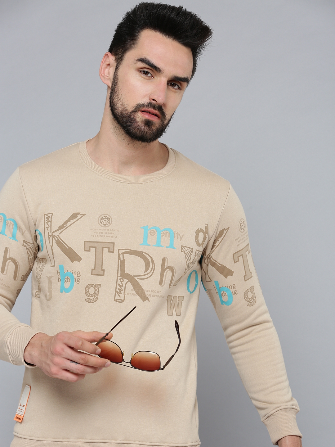 SHOWOFF Men's Round Neck Beige Typography Sweatshirt
