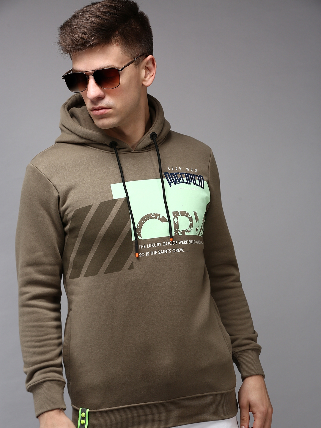 SHOWOFF Men's Hooded Neck Olive Typography Sweatshirt