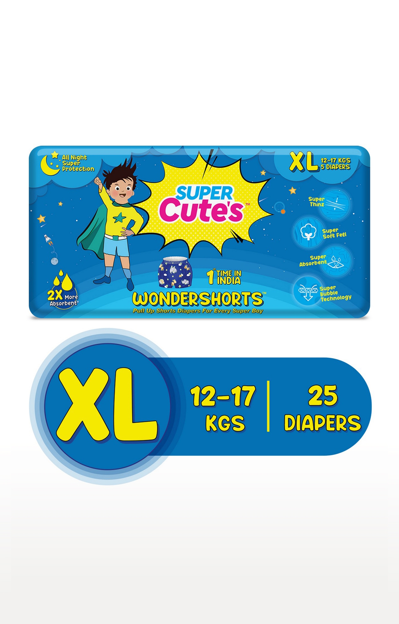 Super Cute's | Super Cute's Wondershorts Diaper - Extra Large (12-17 Kg) - 5 Pieces (Combo Of 5)