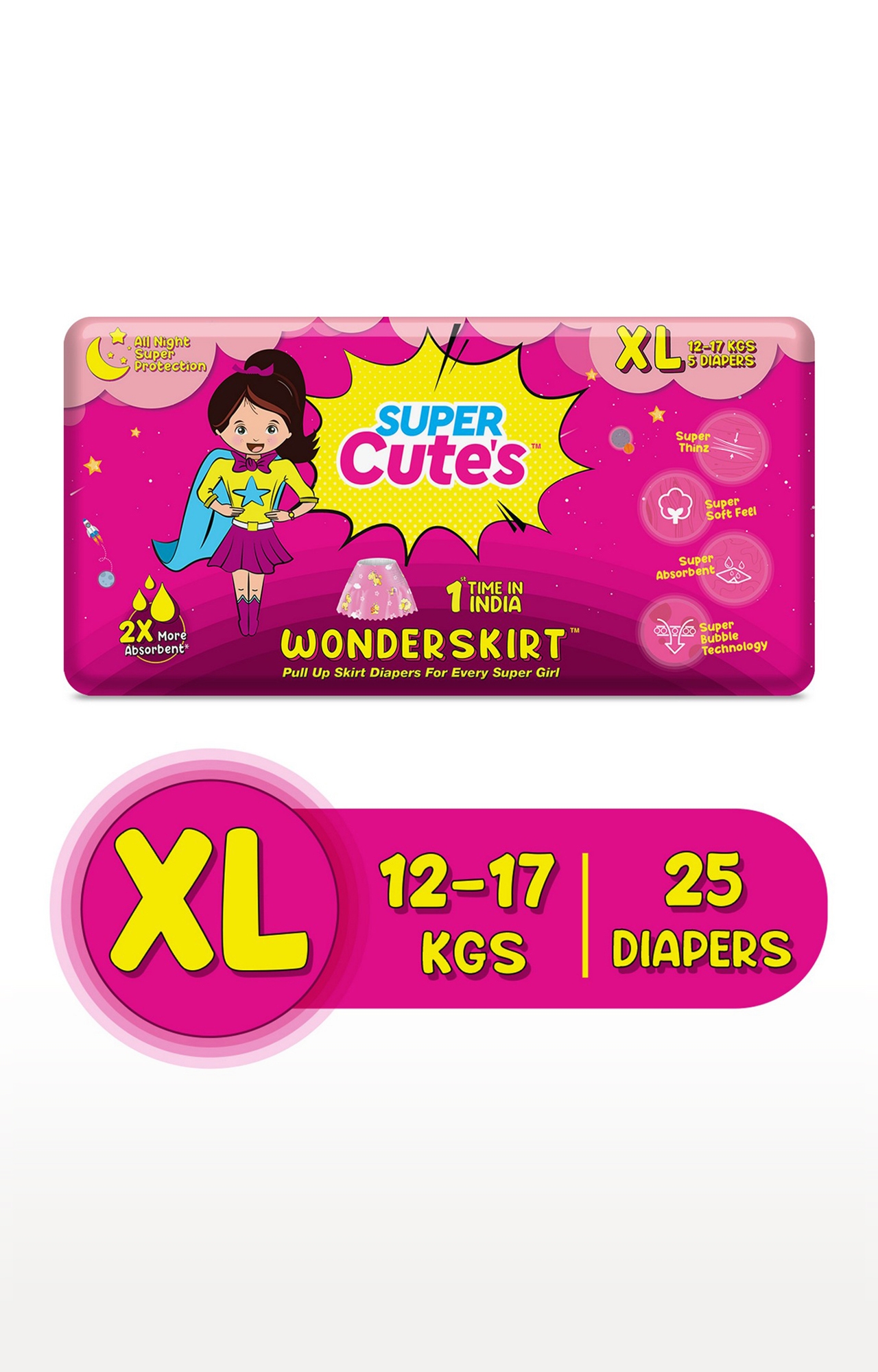 Super Cute's | Super Cute's Wonderskirt Diaper - Extra Large (12-17 Kg) - 5 Pieces (Combo Of 5)