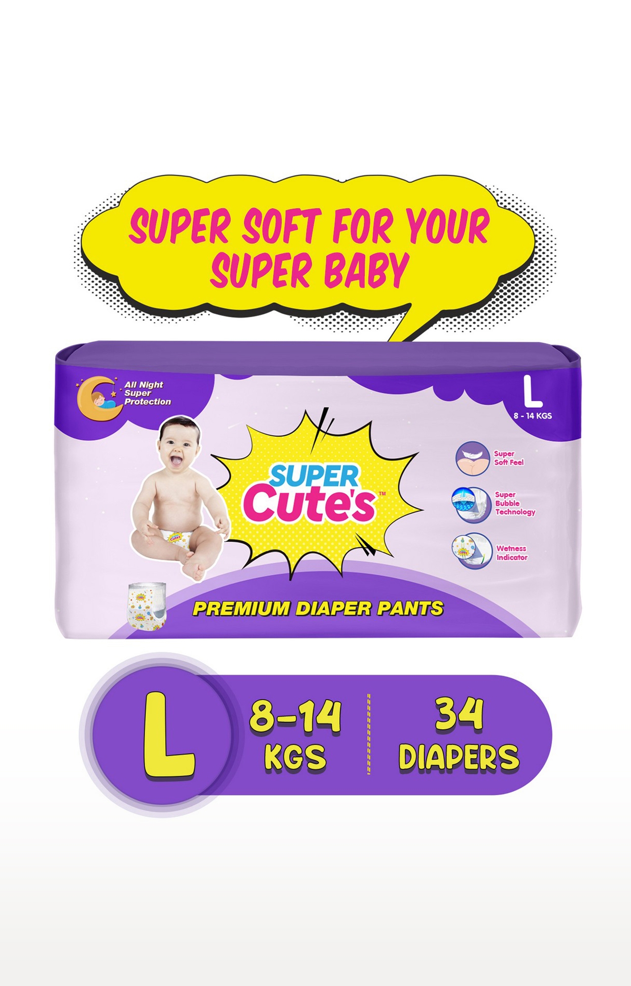 Super Cute's |  Super Cute's Premium Wonder Pullups Diaper - L (9-14 Kg) - 34 Pieces