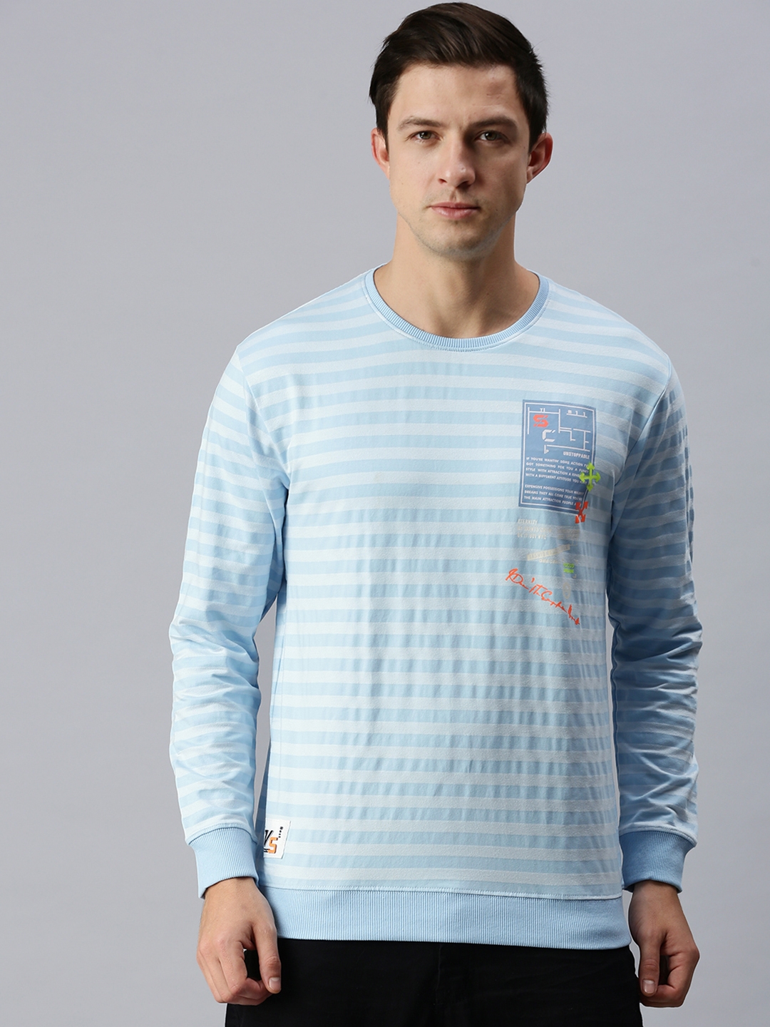 Showoff Men's Cotton Casual Blue Striped Sweatshirt