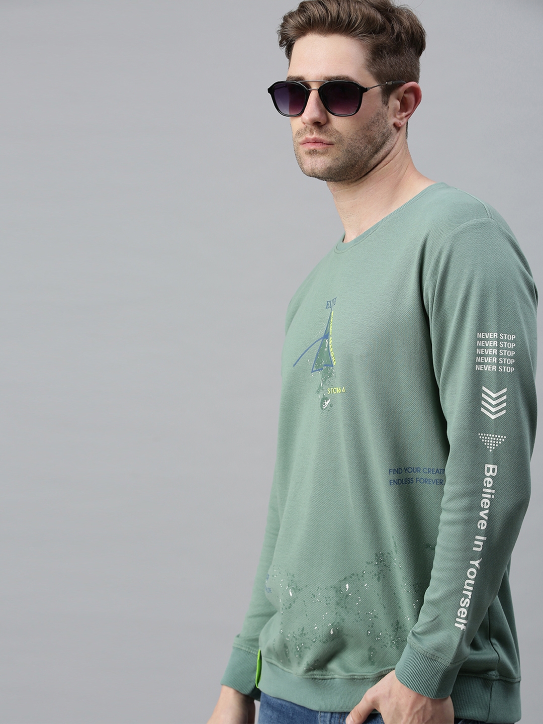 Showoff | SHOWOFF Men's  COTTON Casual GREEN SweatShirt