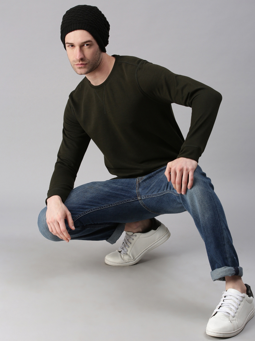 Men's Green Cotton Blend Solid Sweatshirts