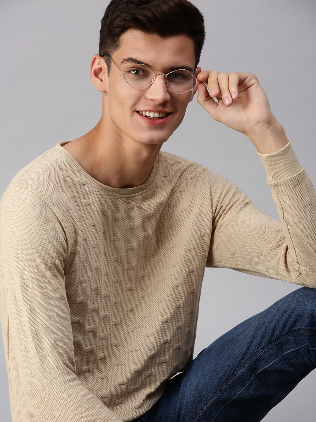 Men's Beige Cotton Solid Sweatshirts
