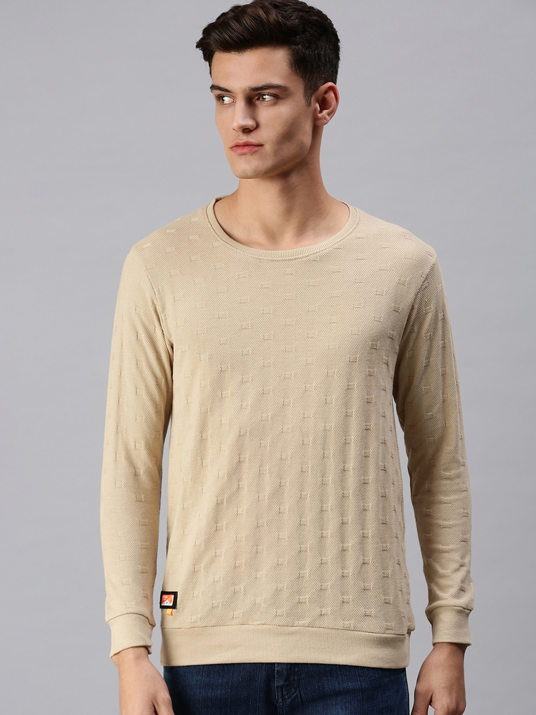 Men's Beige Cotton Solid Sweatshirts