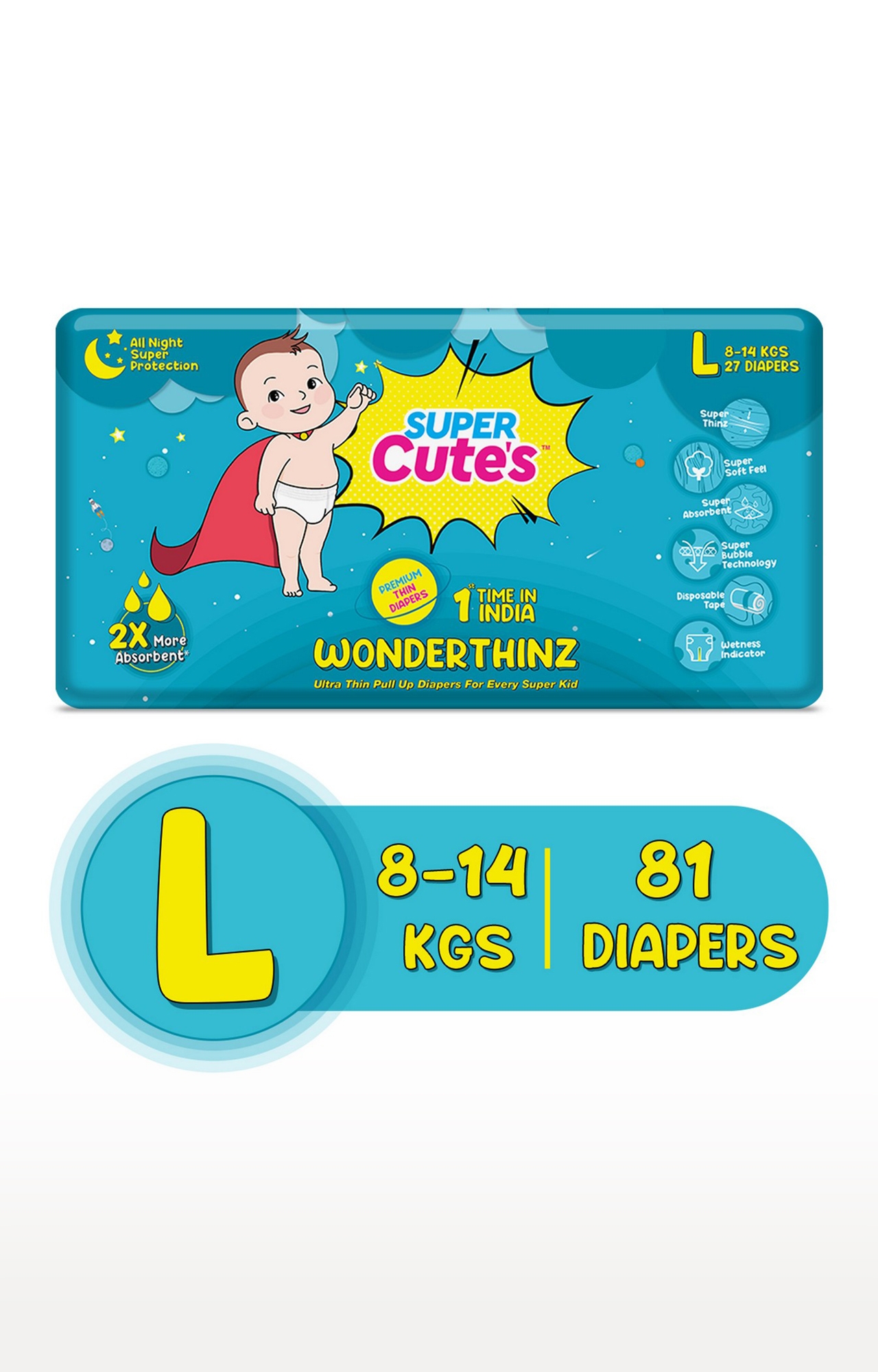 Super Cute's | Super Cute's Wonderthinz Diaper - Large (9-14 Kg)-27 Pieces (Combo Of 3)