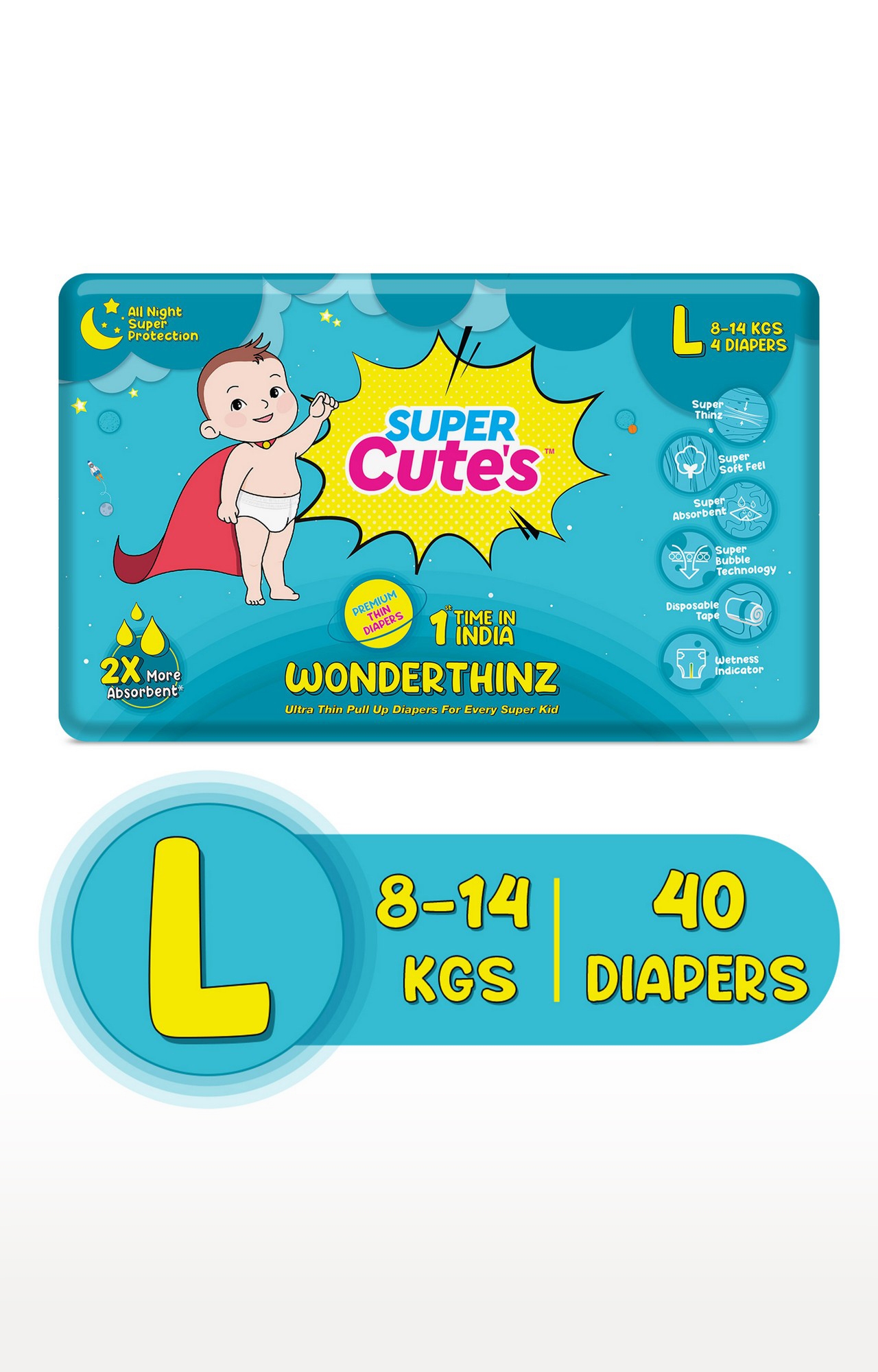 Super Cute's | Super Cute's Wonderthinz Diaper - Large (9-14 Kg) - 4 Pieces (Combo Of 10)