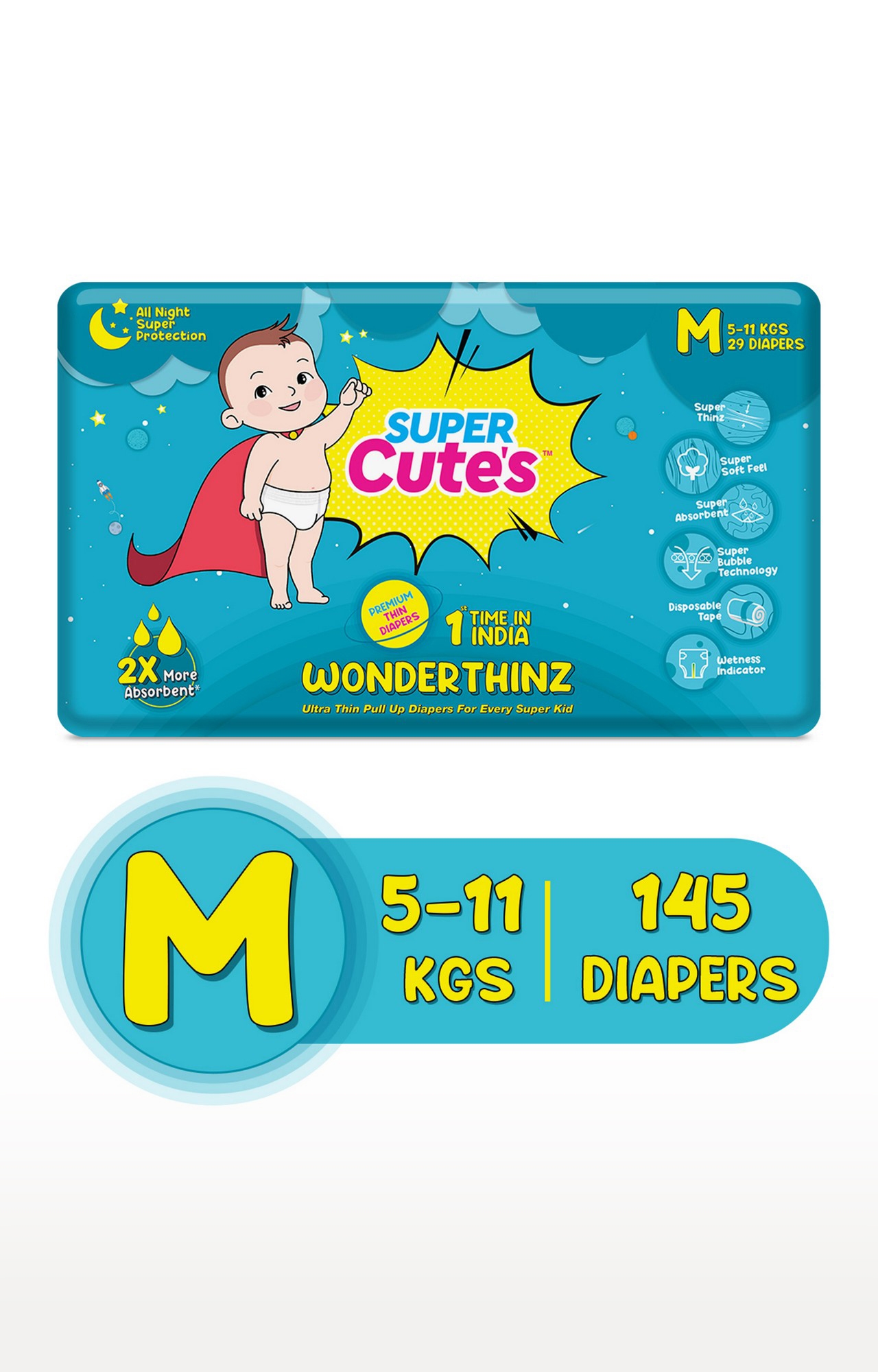 Super Cute's | Super Cute's Wonderthinz Diaper - Medium (5-8 Kg) - 29 Pieces (Combo Of 5)