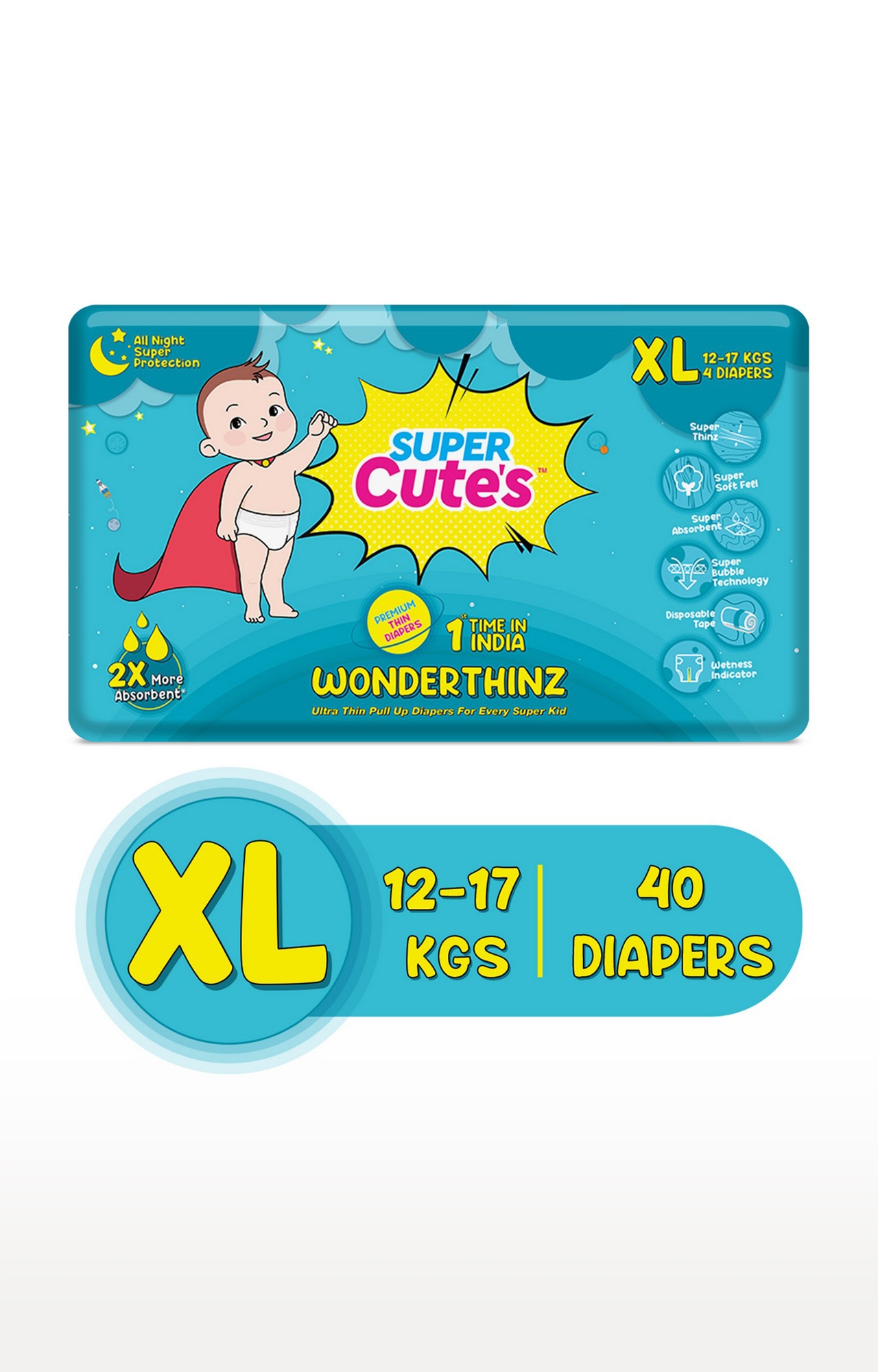 Super Cute's | Super Cute's Wonderthinz Diaper - Extra Large (12-17 Kg)-4 Pieces (Combo Of 10)
