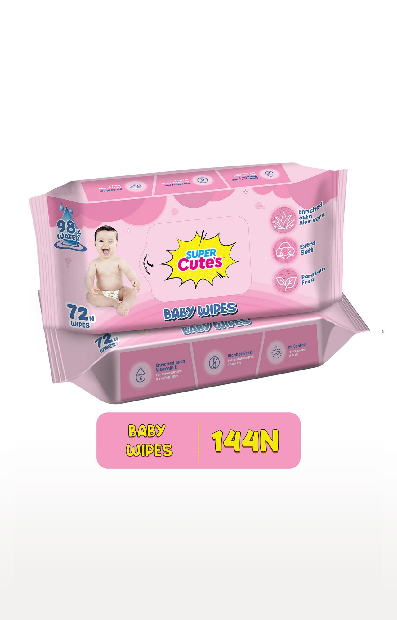 Super Cute's | Super Cute's Premium Soft Cleansing Baby Wipes With Aloe Vera, Enriched With Vitamin E, And Paraben Free - 72 Wipes (Combo Of 2)