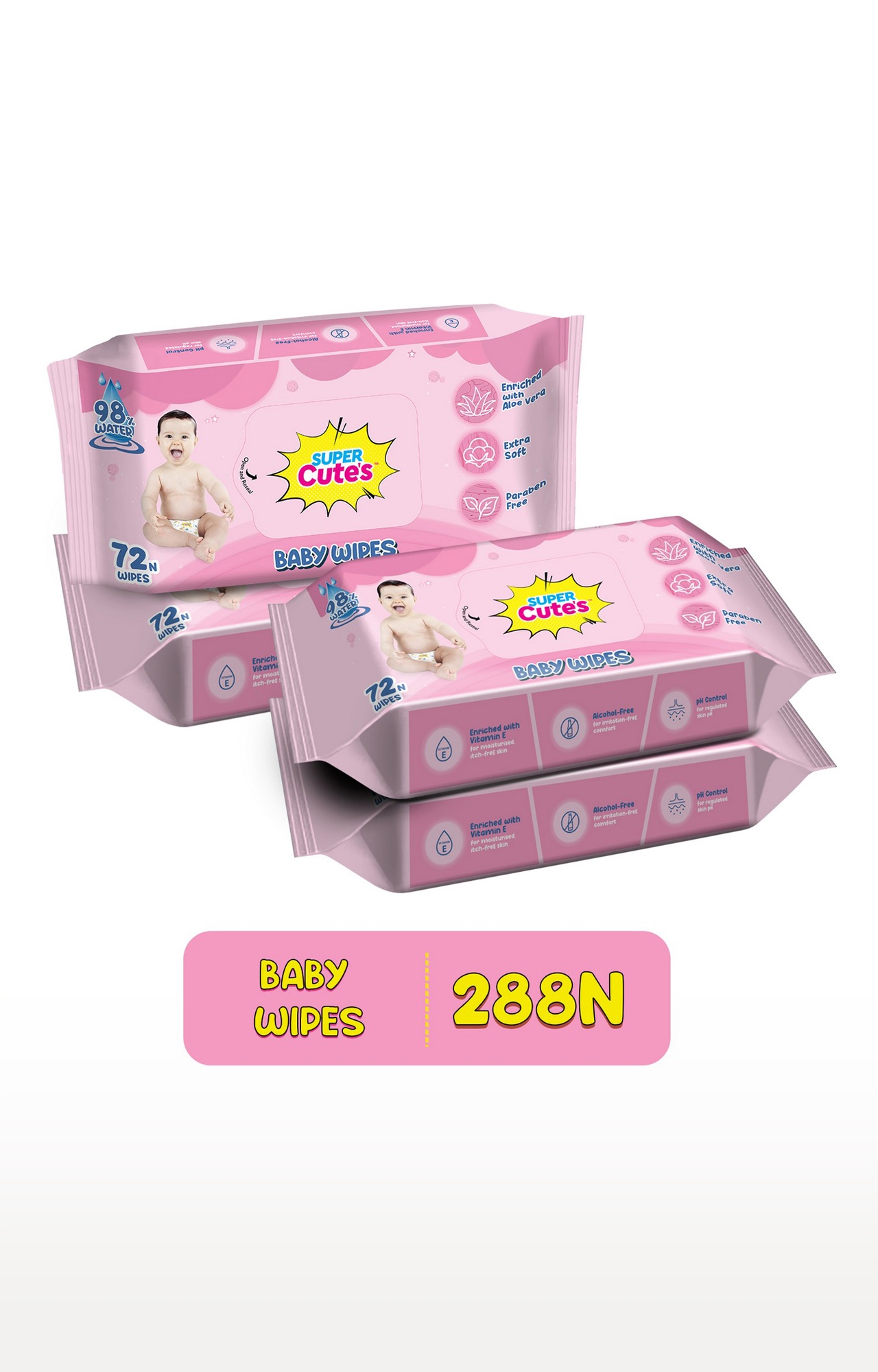 Super Cute's | Super Cute's Premium Soft Cleansing Baby Wipes With Aloe Vera, Enriched With Vitamin E, And Paraben Free - 72 Wipes (Combo Of 4)