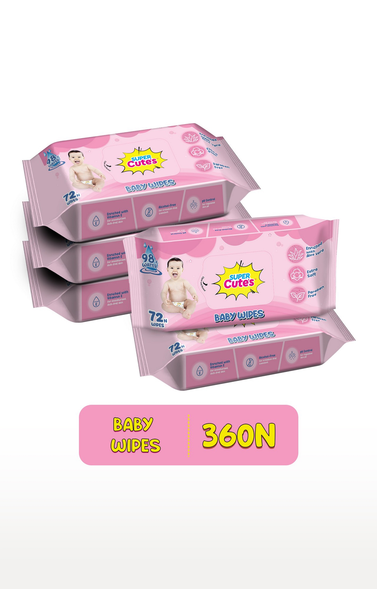 Super Cute's | Super Cute's Premium Soft Cleansing Baby Wipes With Aloe Vera, Enriched With Vitamin E, And Paraben Free - 72 Wipes (Combo Of 5)