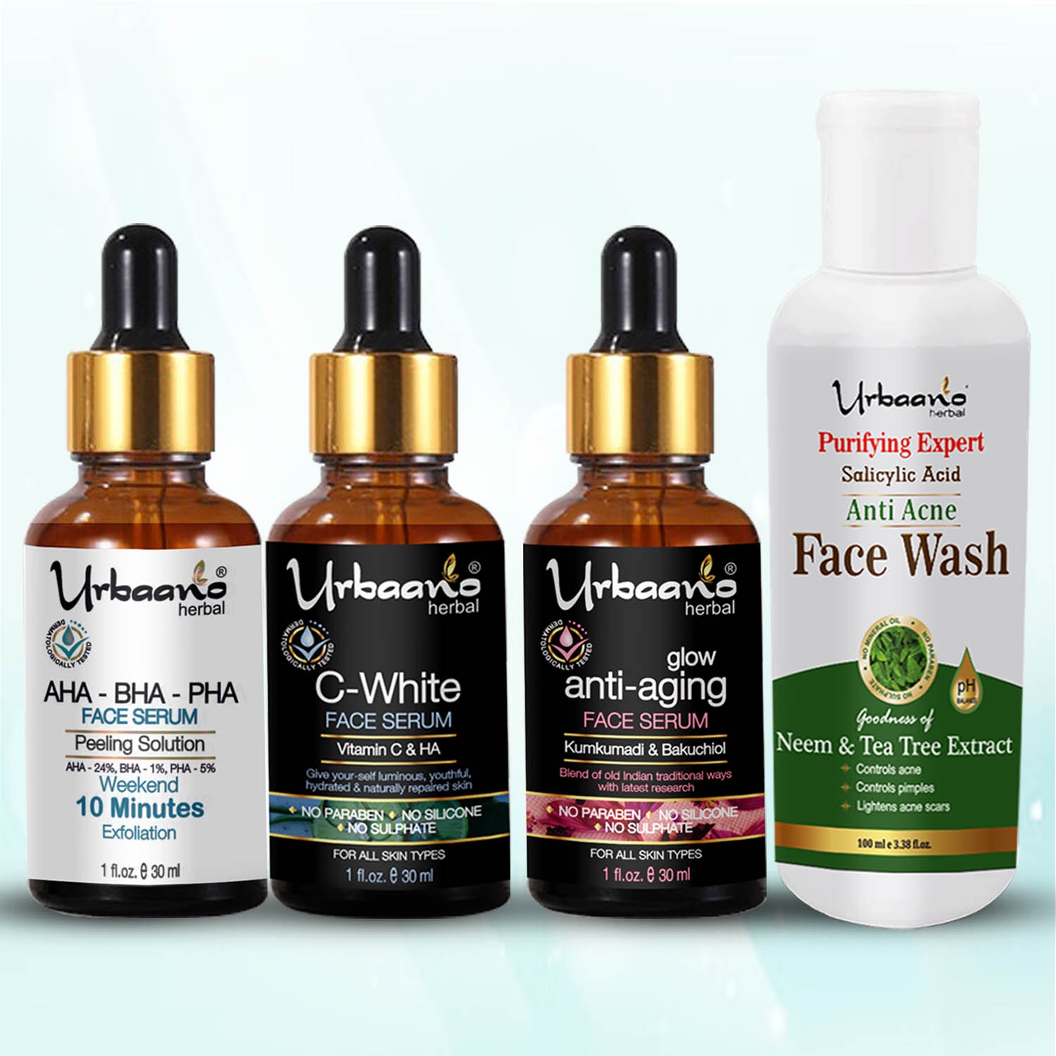 Urbaano Herbal Skin Glow Vitamin C Face Serum, AHA BHA Peeling Solution, Kumkumadi Tailam & Anti Acne Face Wash -190ml-Pocket Friendly Combo Pack of 4