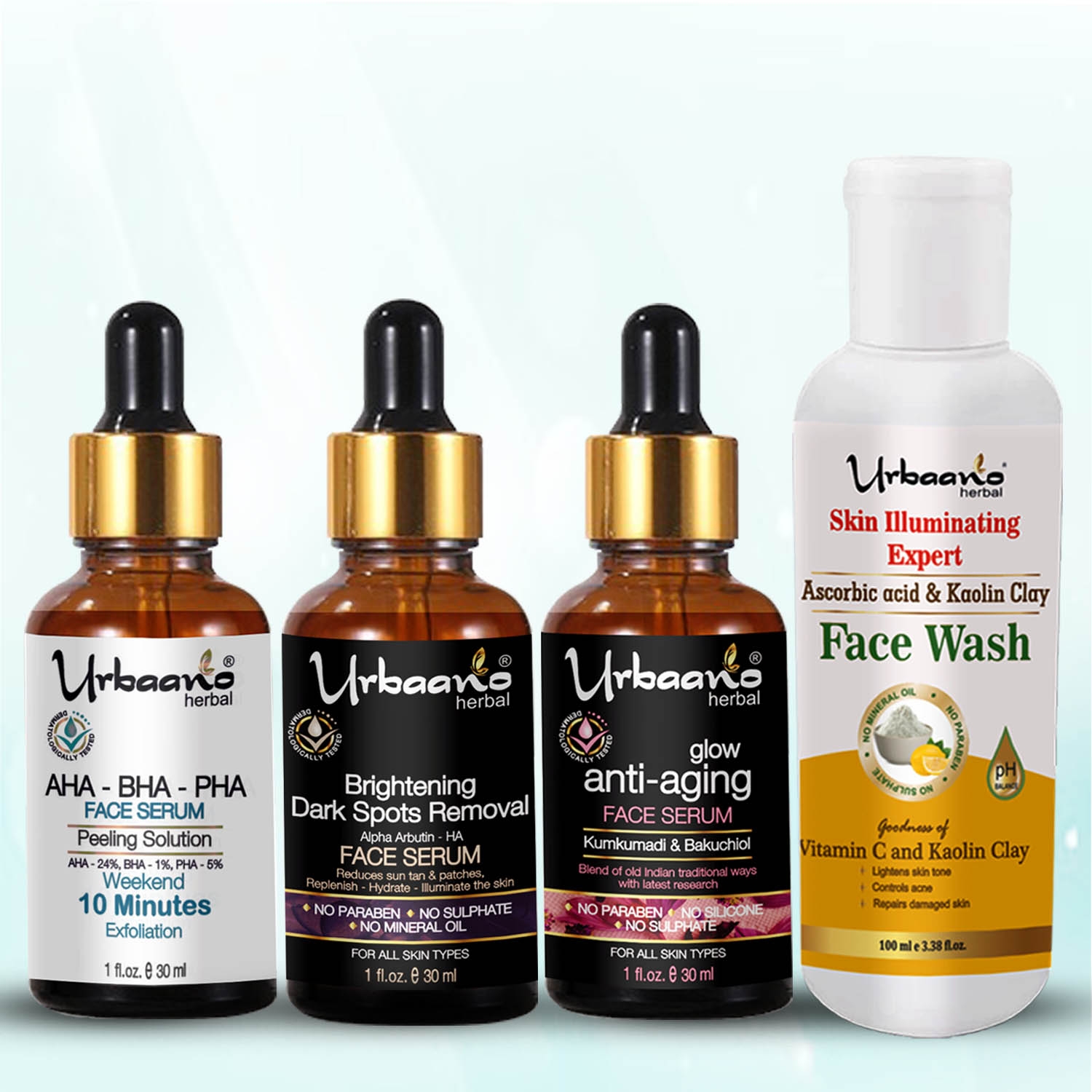 Urbaano Herbal Depigmentation Vitamin C Face Serum, AHA BHA Peeling Solution, Kumkumadi Tailam & Vitamin C Face Wash-190ml-Pocket Friendly Combo Pack of 4