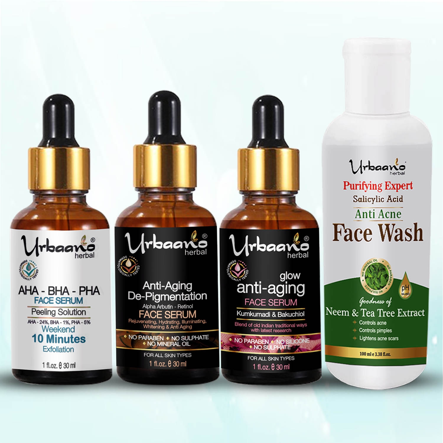 Urbaano Herbal Arbutin Vitamin C Face Serum, AHA BHA Peeling Solution, Kumkumadi Tailam & Anti Acne Face Wash -190ml- Pocket Friendly Combo Pack of 4