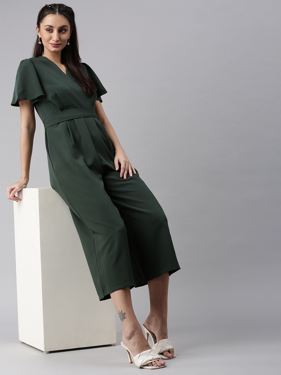Women's Green Polyester Solid Jumpsuits