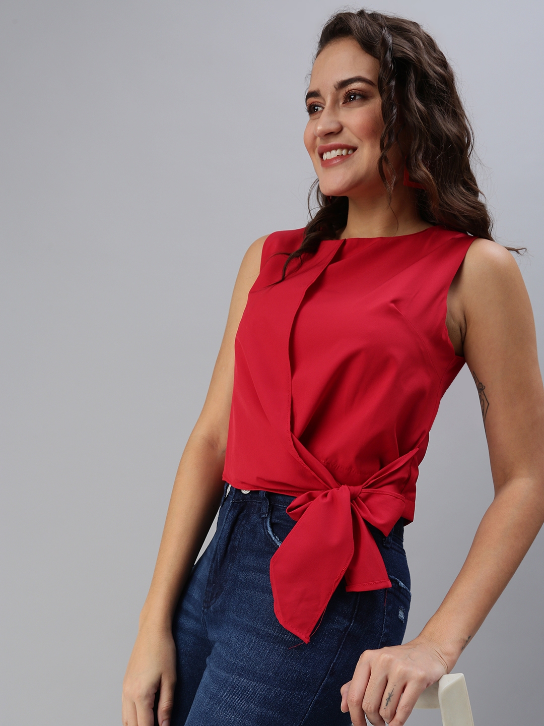 Women's Red Polyester Solid Tops
