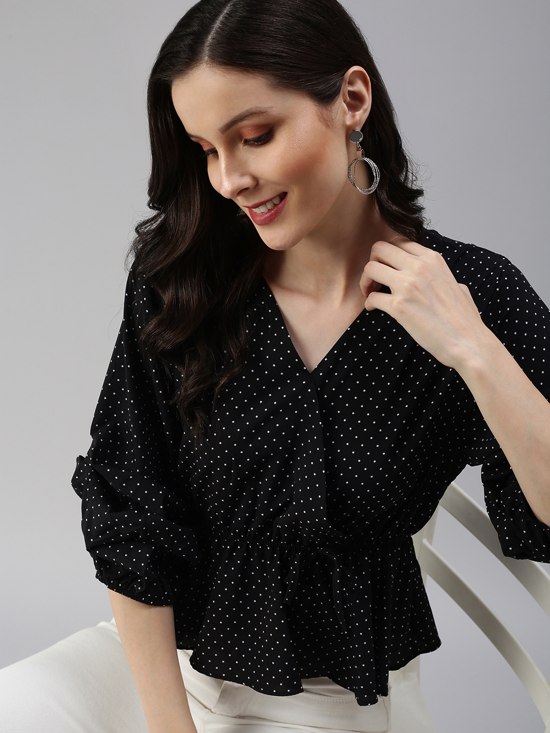 Women's Black Polyester Polka Dots Tops