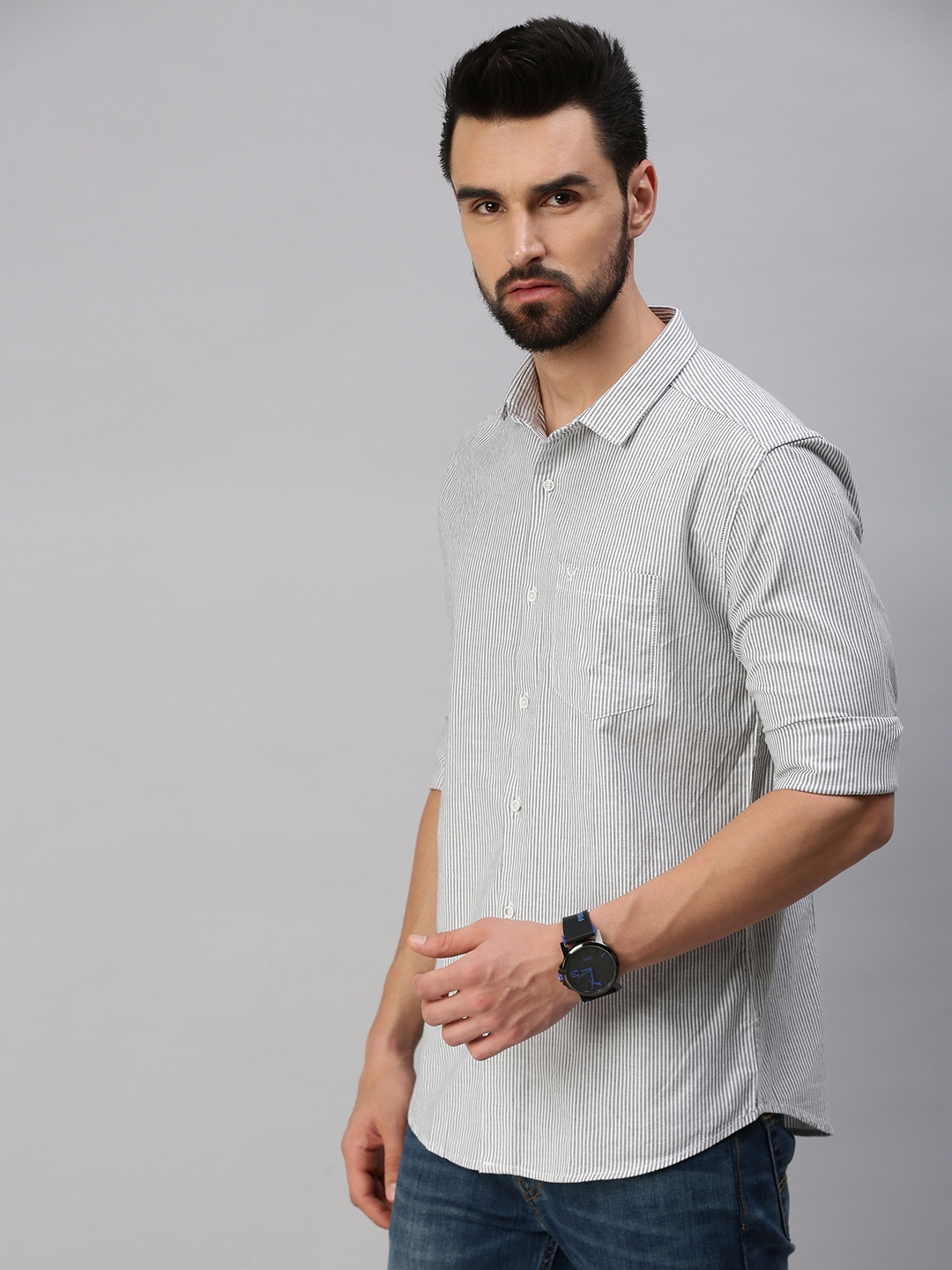 Men's White Cotton Striped Casual Shirts