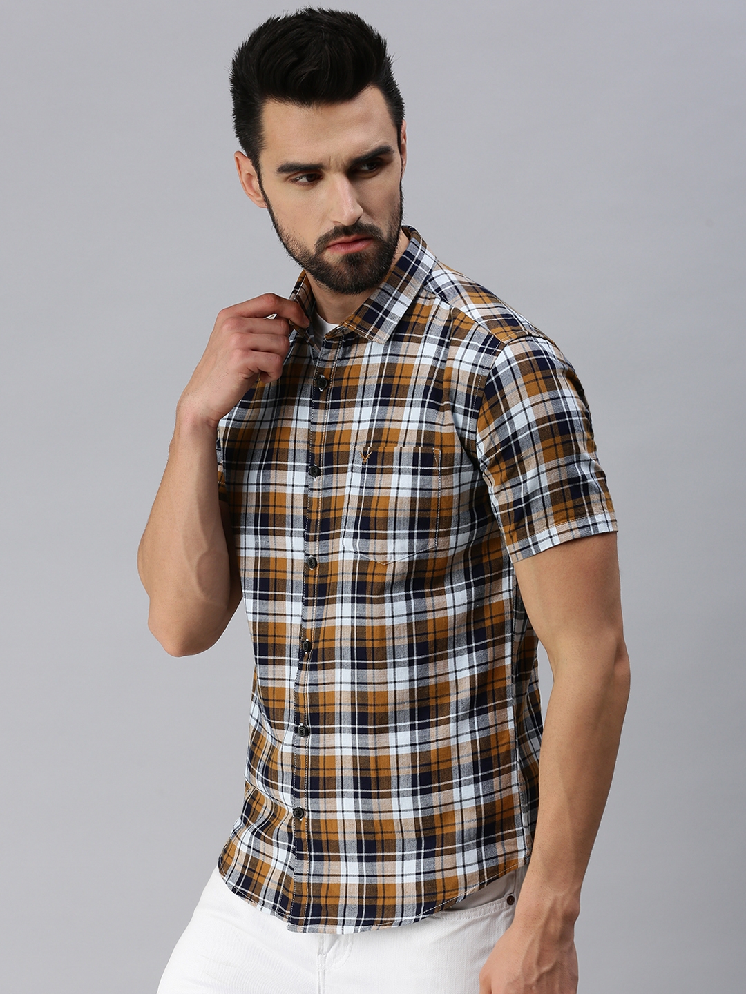 Men's Brown Cotton Checked Casual Shirts