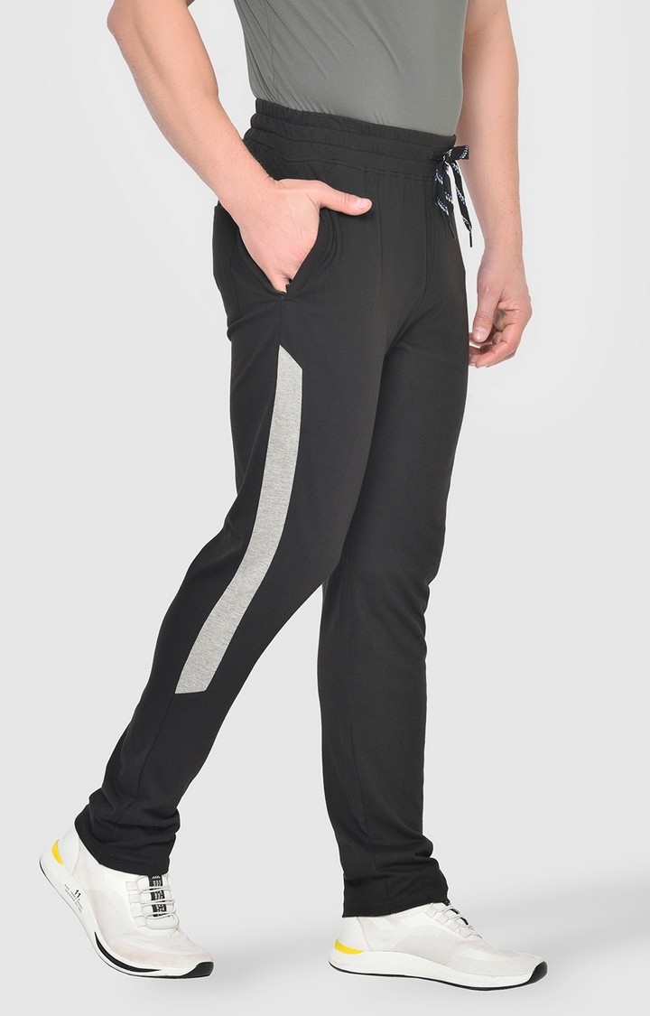 Fitinc Side Striped Cotton Black Track Pant with Zipper Pockets