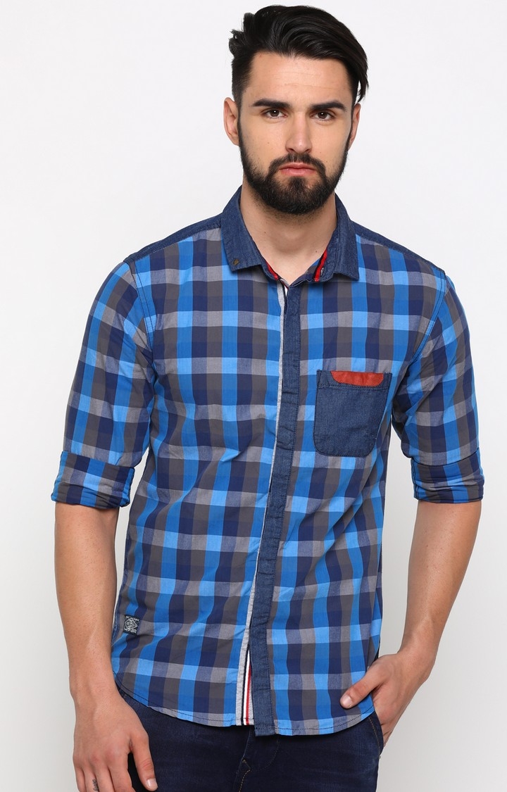 With | With Men's Navy Blue Cotton Checked Slim Fit Shirt