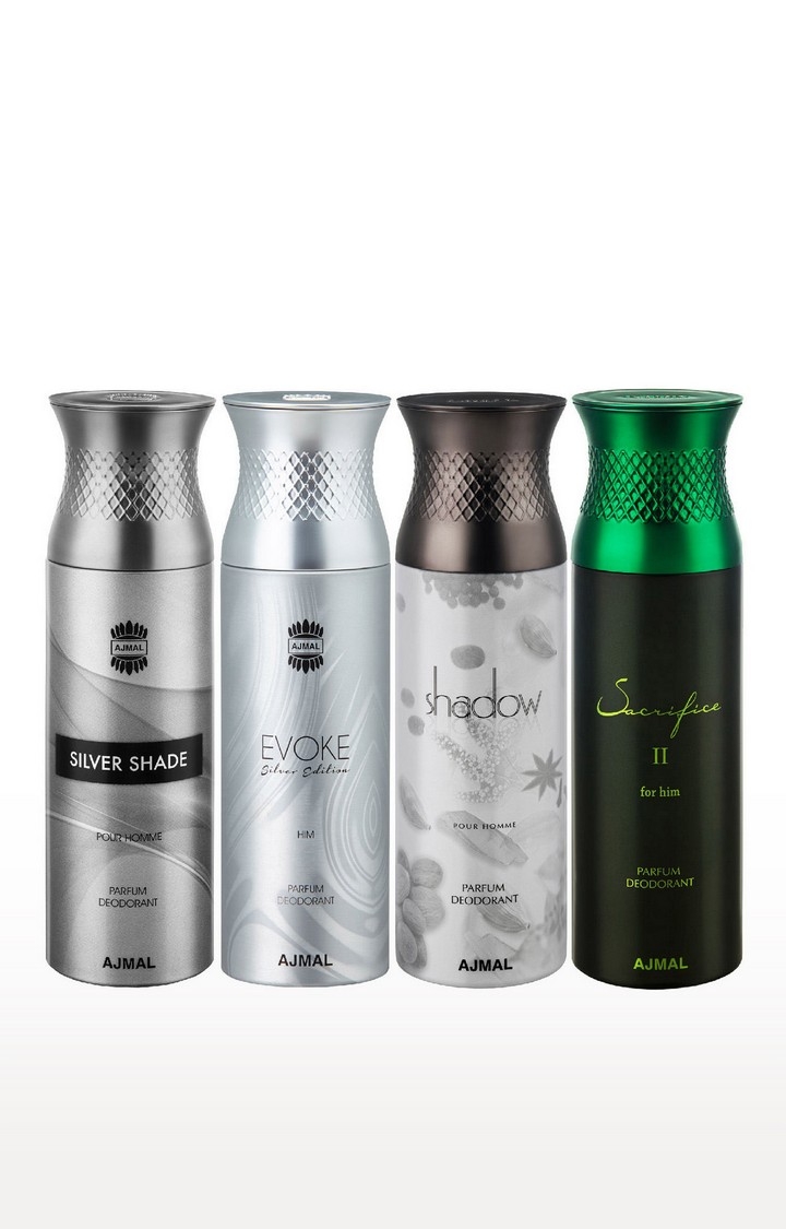 Ajmal Silver Shade& EvokeSilver Edition Homme & Shadow Homme & SacrificeIIHim Deodorant Spray- For Men (200 ml, Pack of 4)