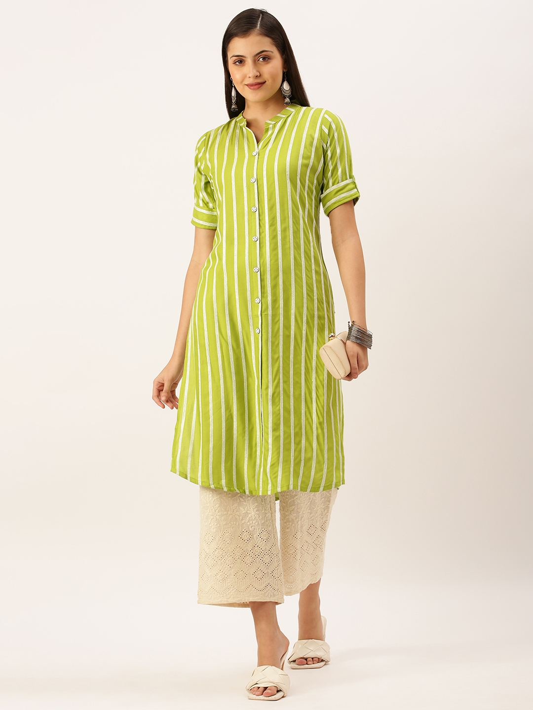 SHOWOFF Women's Calf Length Green Striped Kurta