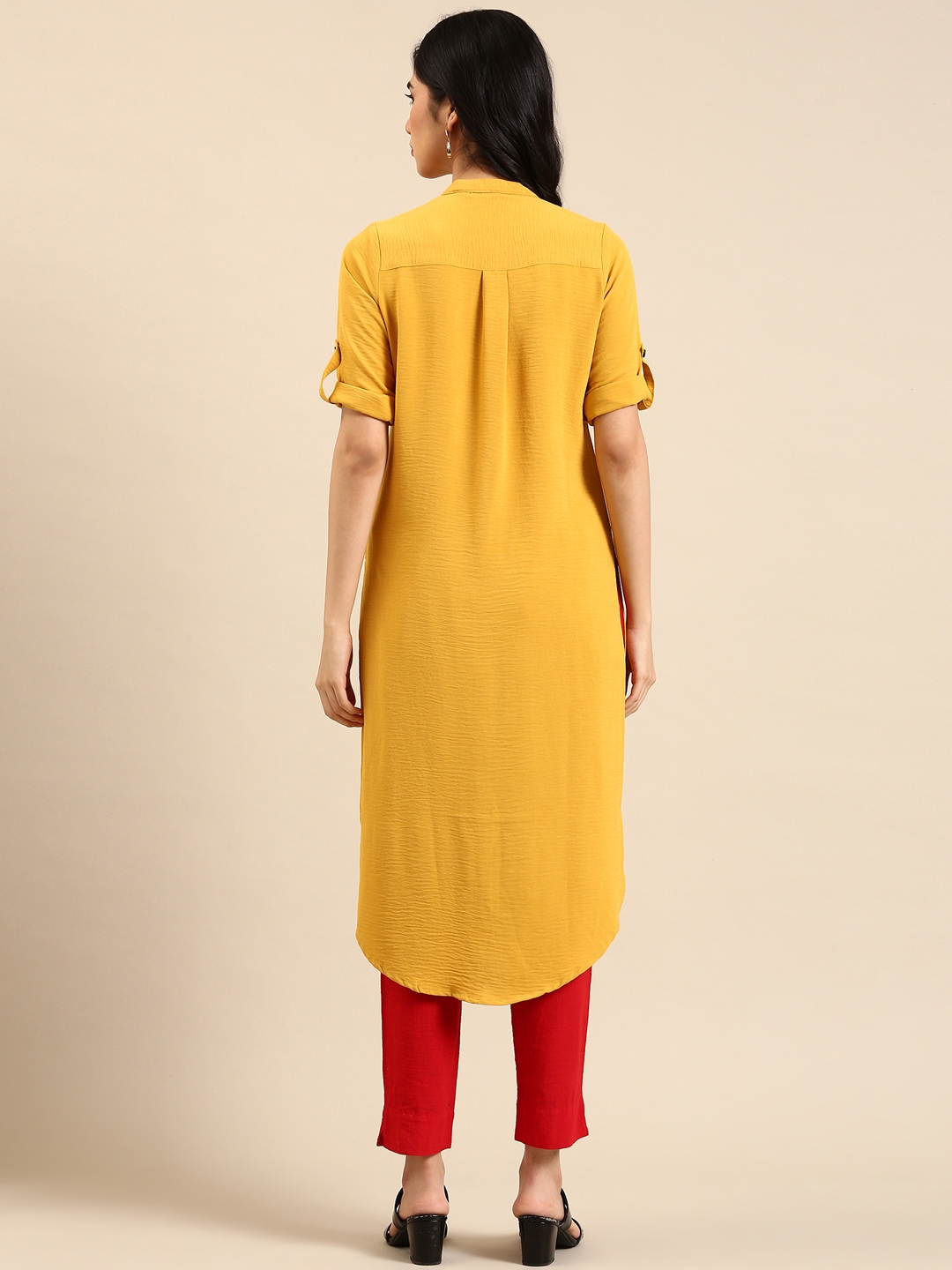 SHOWOFF Women's Calf Length Solid Yellow Mandarin Collar Straight Kurta