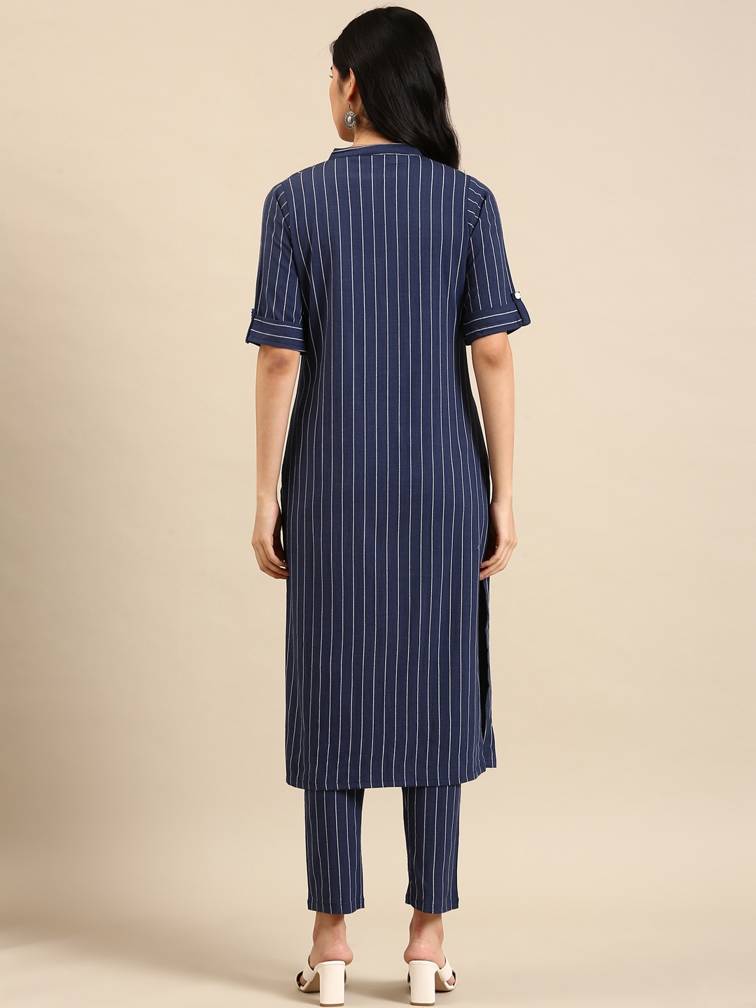 SHOWOFF Women's Calf Length Straight Navy Blue Striped Mandarin Collar Kurta Set