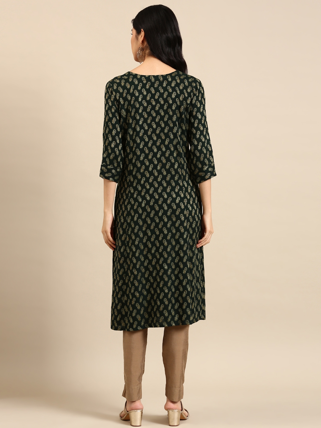 SHOWOFF Women's Calf Length Woven Design Green Round Neck Straight Kurta