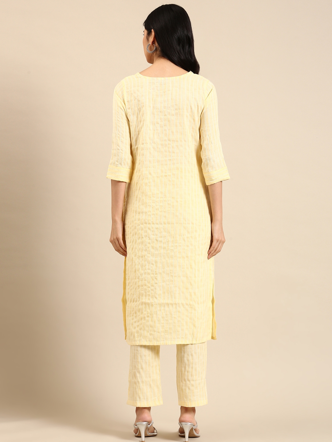 SHOWOFF Women's Calf Length Straight Yellow Woven Design Round Neck Kurta Set