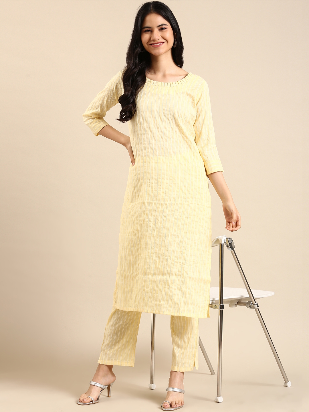 SHOWOFF Women's Calf Length Straight Yellow Woven Design Round Neck Kurta Set