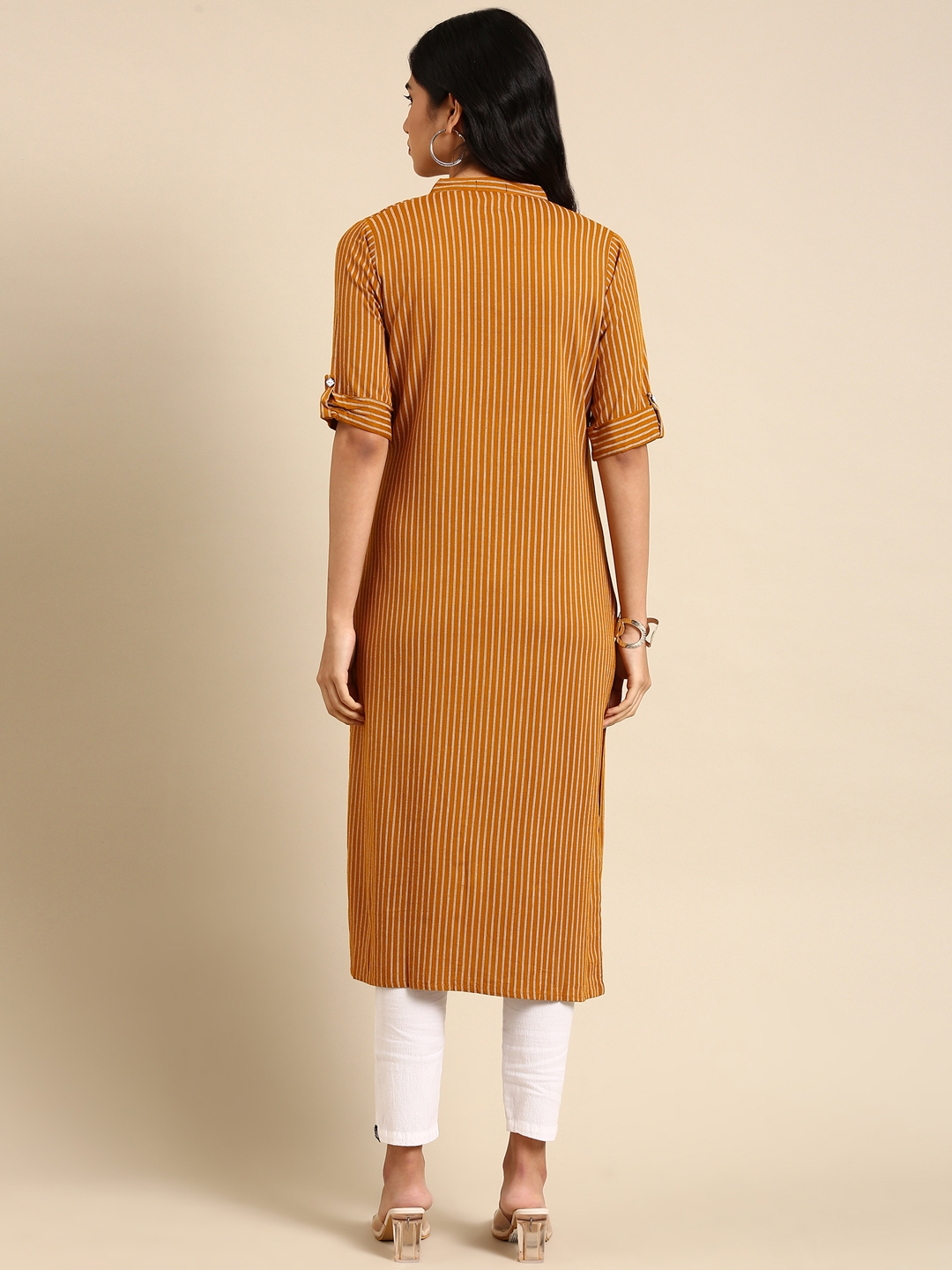 SHOWOFF Women's Mandarin Collar Woven Design Mustard Straight Kurta