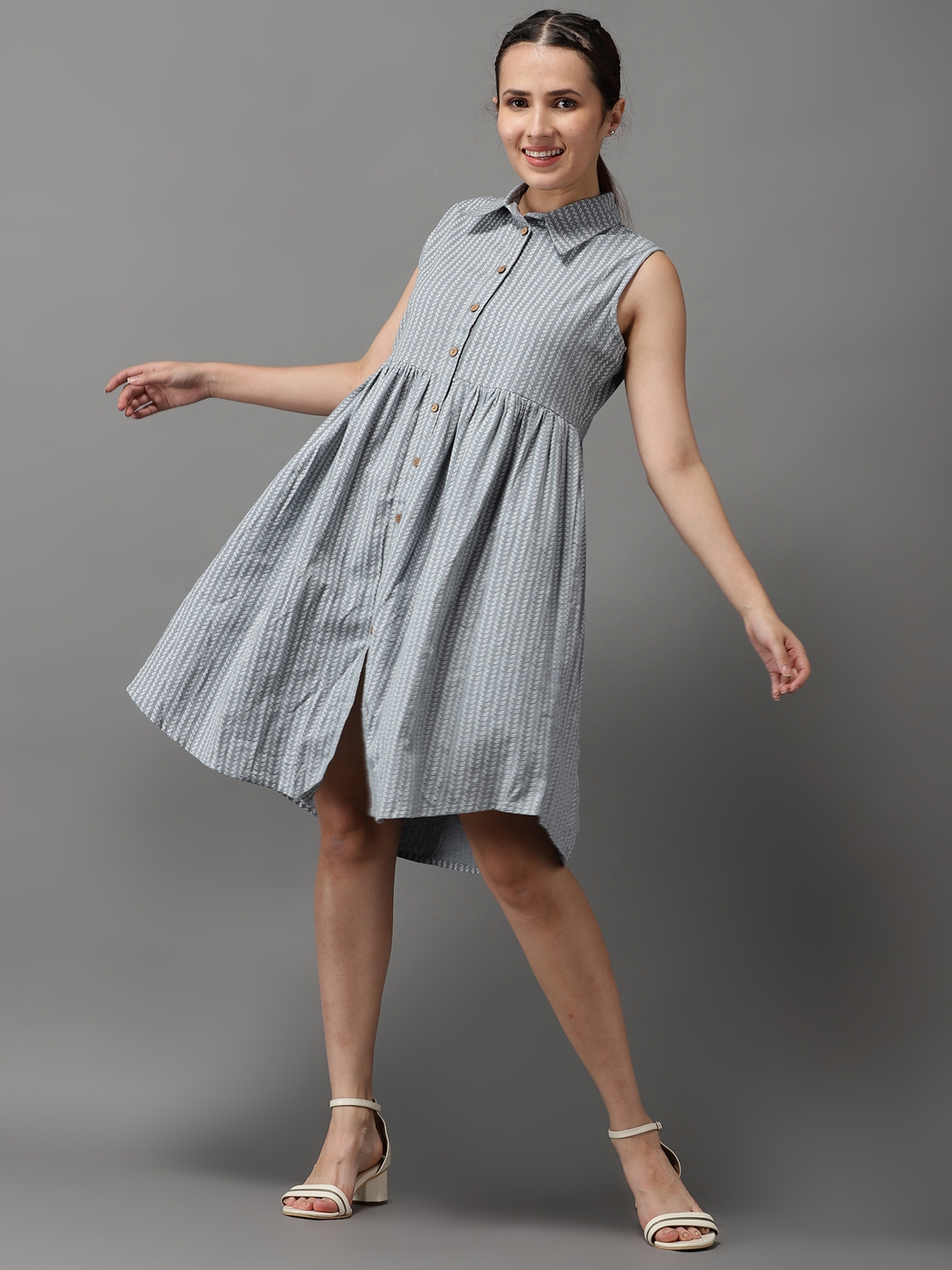SHOWOFF Women's Shirt Collar Grey A-Line Printed Dress