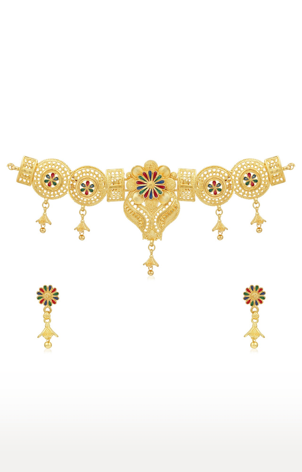 SUKKHI | Sukkhi Amazing 24 Carat Gold Plated Floral Meenakari Choker Necklace Set For Women