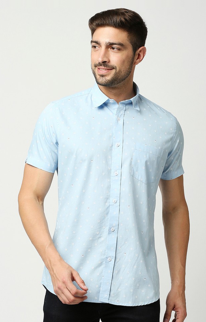EVOQ | EVOQ's Sky Blue Micro Floral Printed Half Sleeves Cotton Casual Shirt for Men