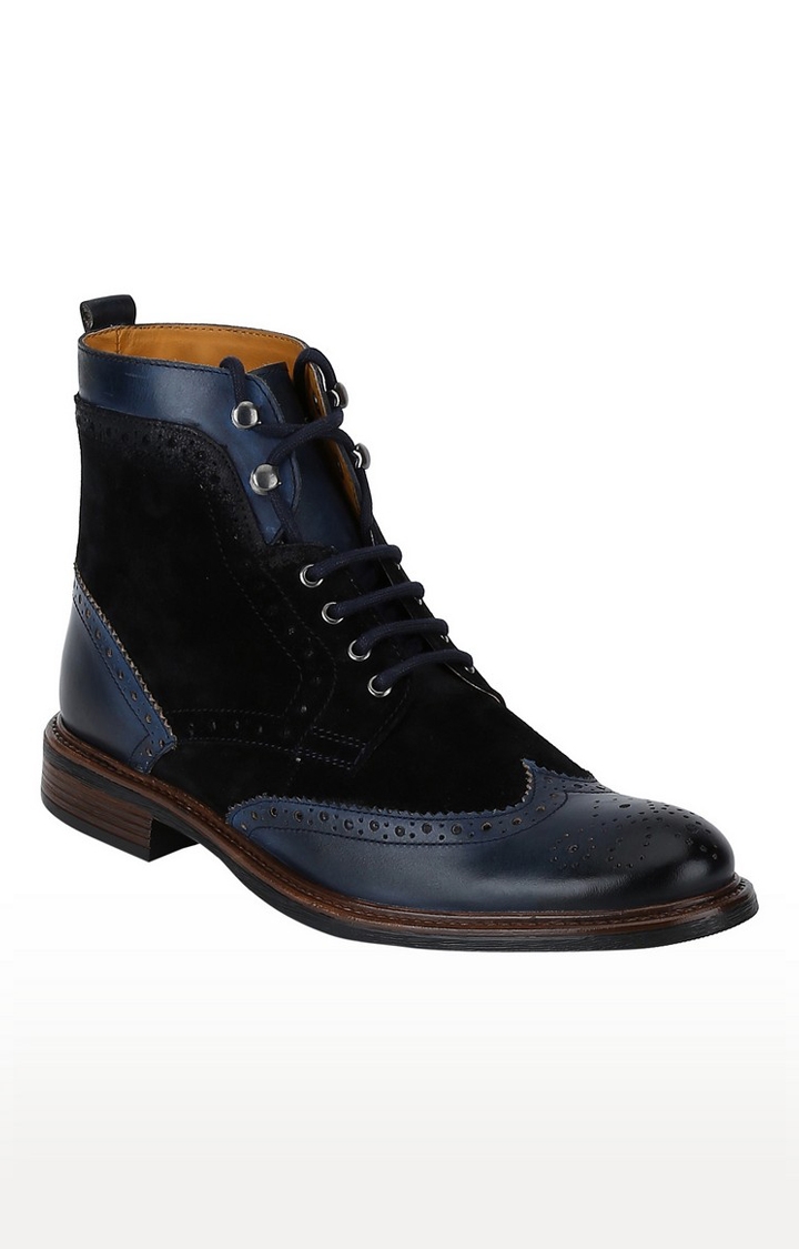 Del Mondo Genuine Leather Navy & Suede Black Colour Oxford Lace Up Boots For Mens